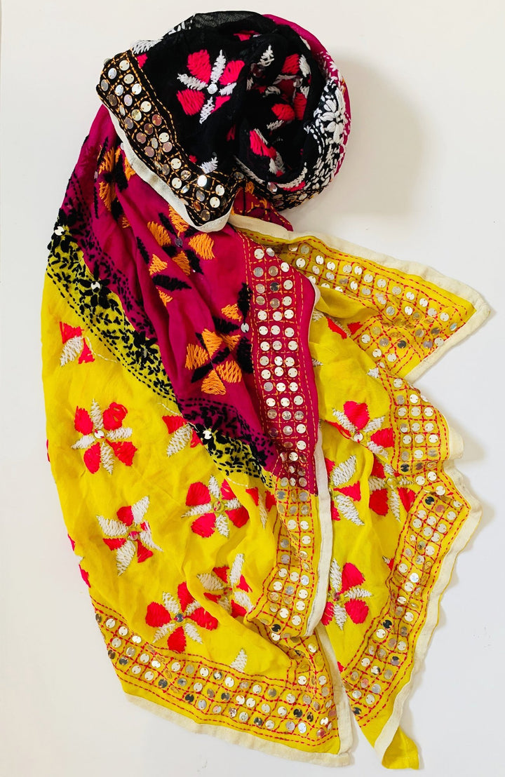 anokherang Dupattas Pink Yellow and Black Phulkari Dupatta