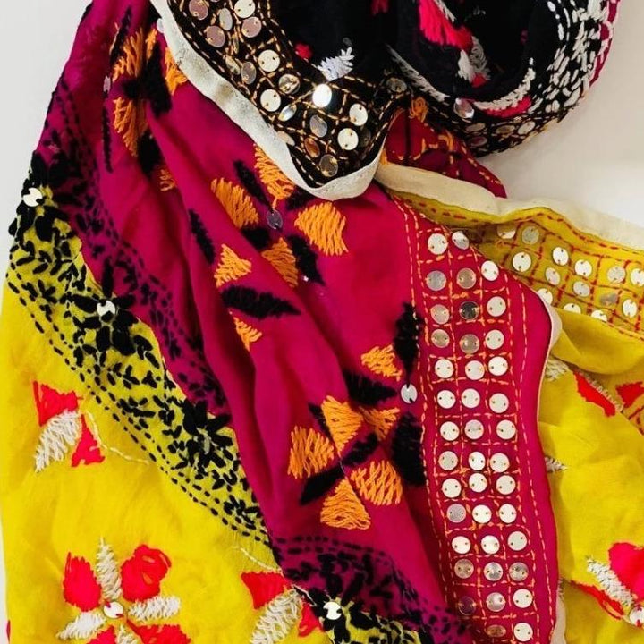 anokherang Dupattas Pink Yellow and Black Phulkari Dupatta