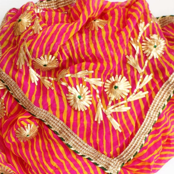 anokherang Dupattas Pink Yellow Leheriya Gotta Dupatta