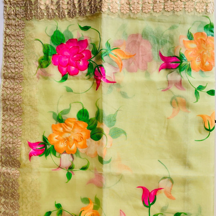 anokherang Dupattas Pista Floral Hand Painted Organza Gotta Embroidered Dupatta