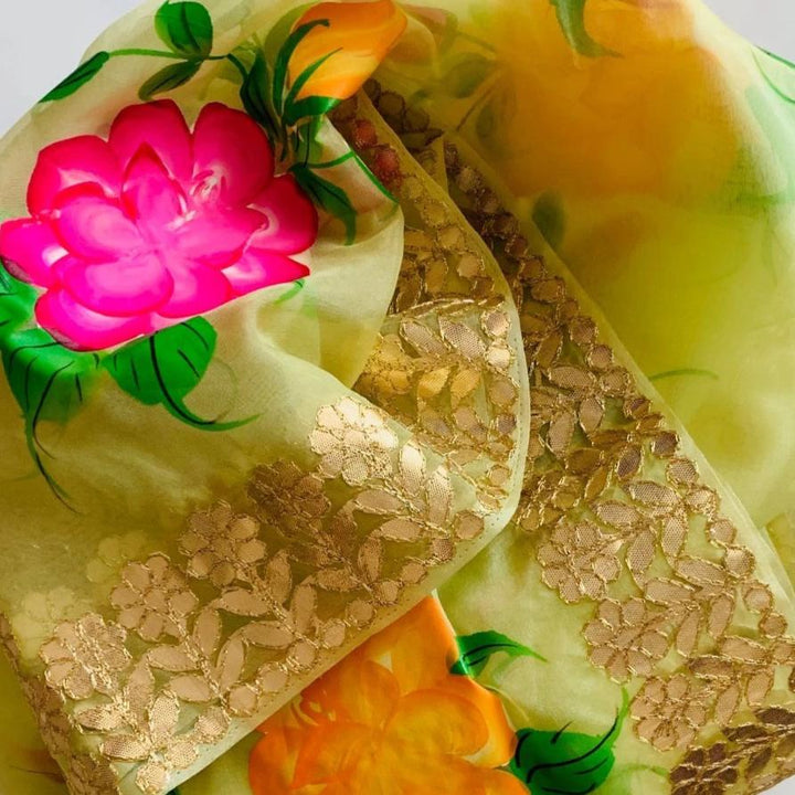 anokherang Dupattas Pista Floral Hand Painted Organza Gotta Embroidered Dupatta