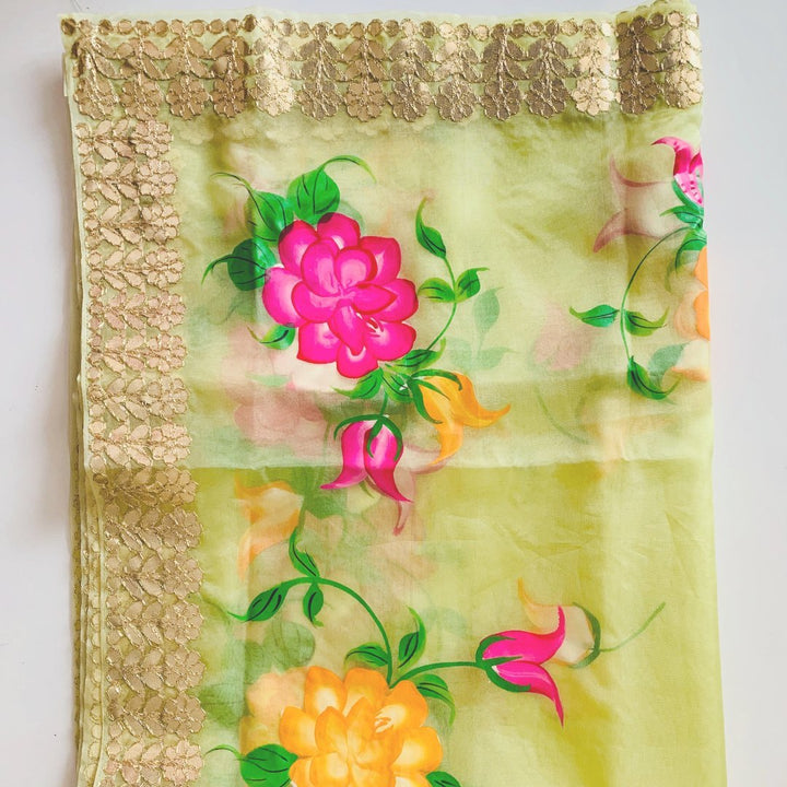 anokherang Dupattas Pista Floral Hand Painted Organza Gotta Embroidered Dupatta