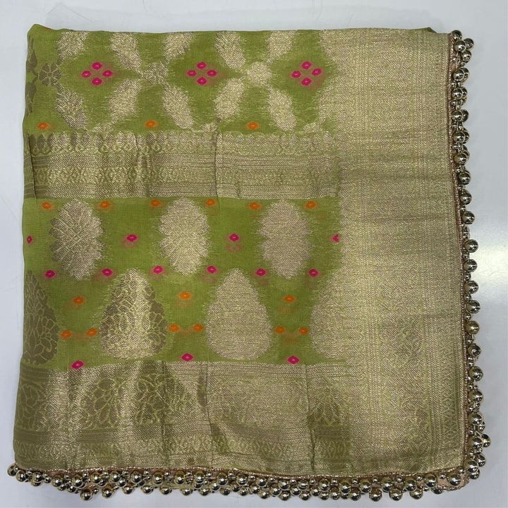 anokherang Dupattas Pista Green Bandhej Georgette Banarsi Dupatta