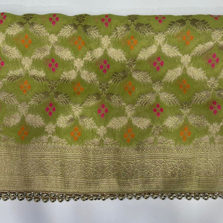 anokherang Dupattas Pista Green Bandhej Georgette Banarsi Dupatta
