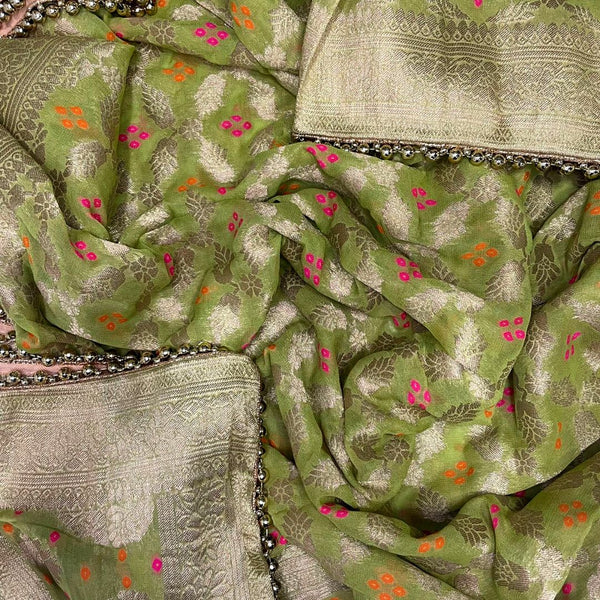 anokherang Dupattas Pista Green Bandhej Georgette Banarsi Dupatta