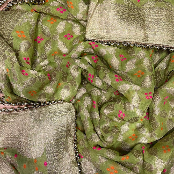anokherang Dupattas Pista Green Bandhej Georgette Banarsi Dupatta