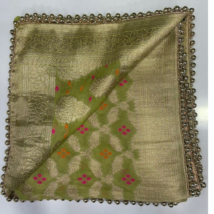 anokherang Dupattas Pista Green Bandhej Georgette Banarsi Dupatta