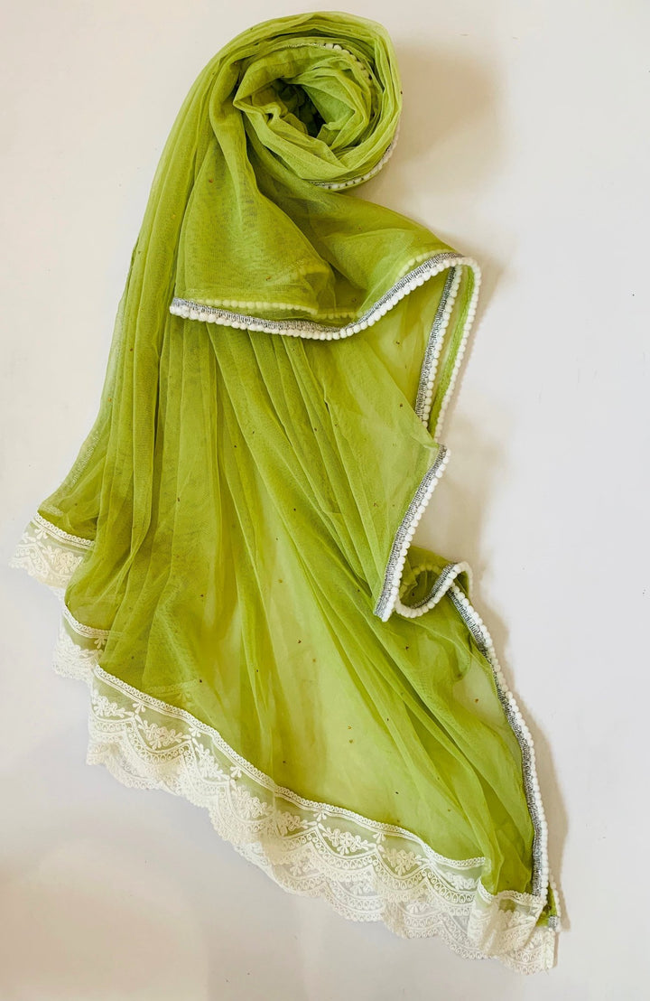 anokherang Dupattas Pista Green Crochet Net Mokaish Dupatta