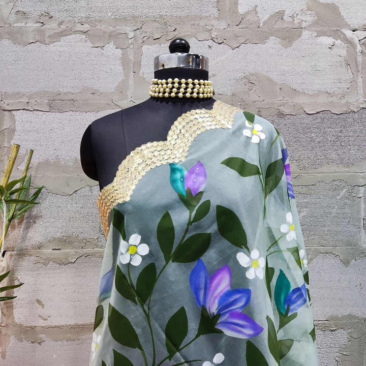 anokherang Dupattas Powder Blue Floral Hand Painted Scalloped Organza Dupatta