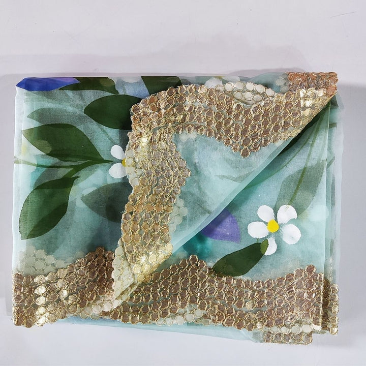 anokherang Dupattas Powder Blue Floral Hand Painted Scalloped Organza Dupatta