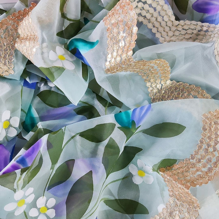anokherang Dupattas Powder Blue Floral Hand Painted Scalloped Organza Dupatta