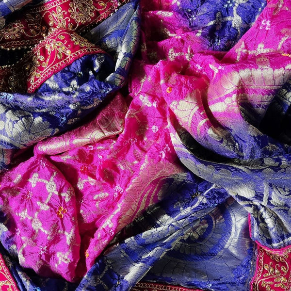 anokherang Dupattas Purple Pink Ombre Banarsi Bandhej Silk Dupatta