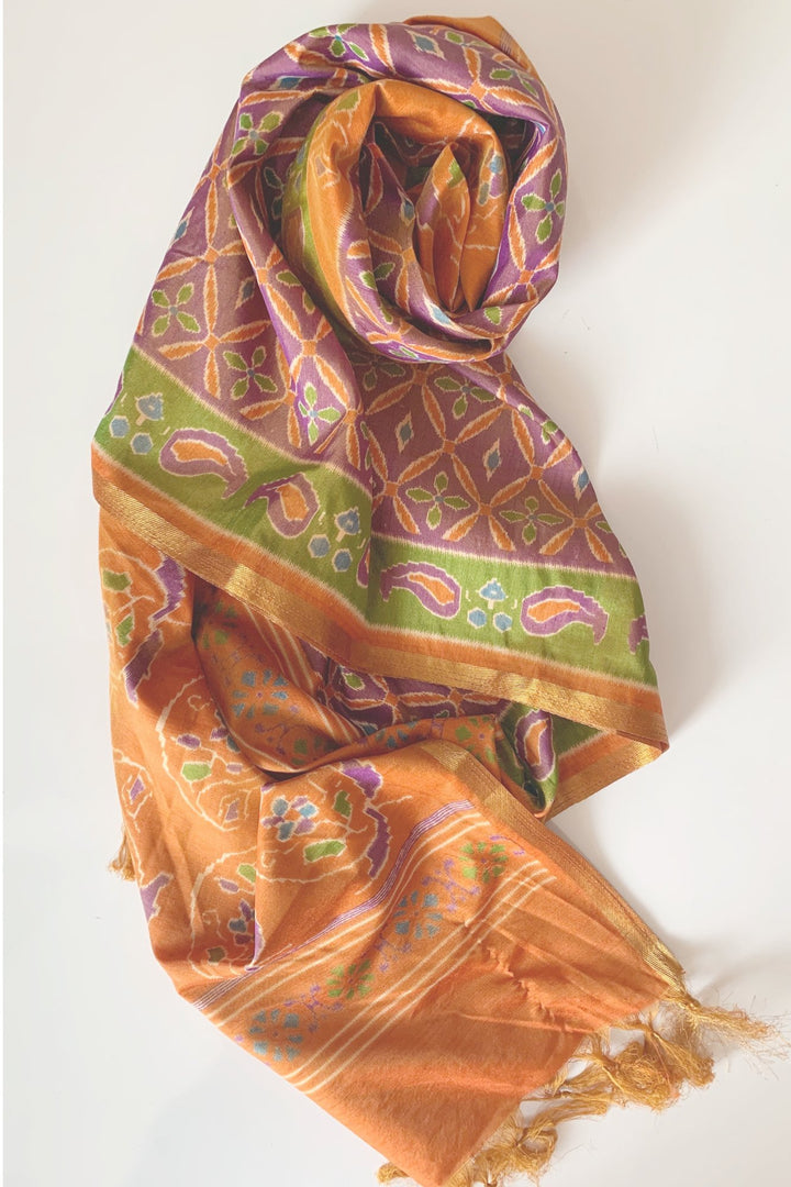 anokherang Dupattas Purple Rust Floral Ikkat Printed Silk Dupatta