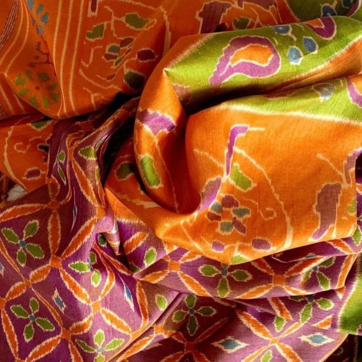 anokherang Dupattas Purple Rust Floral Ikkat Printed Silk Dupatta