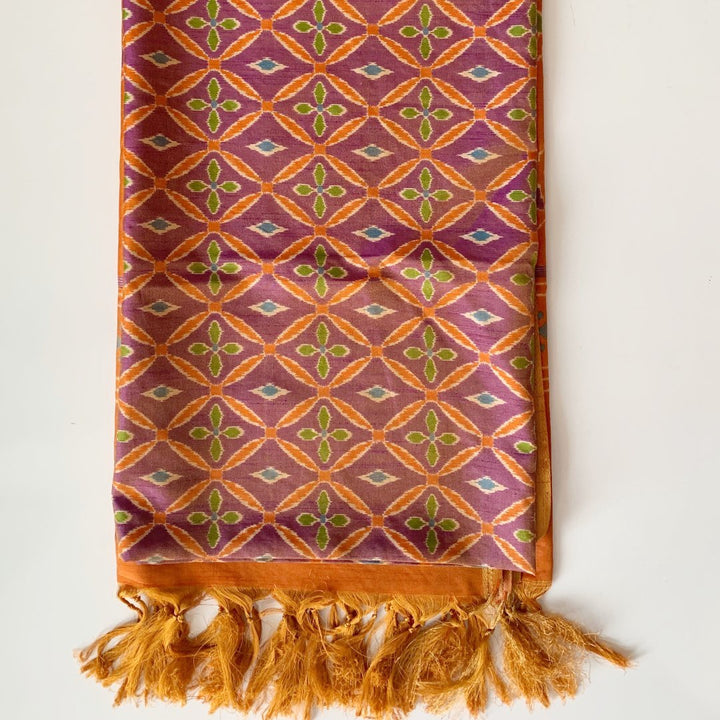 anokherang Dupattas Purple Rust Floral Ikkat Printed Silk Dupatta