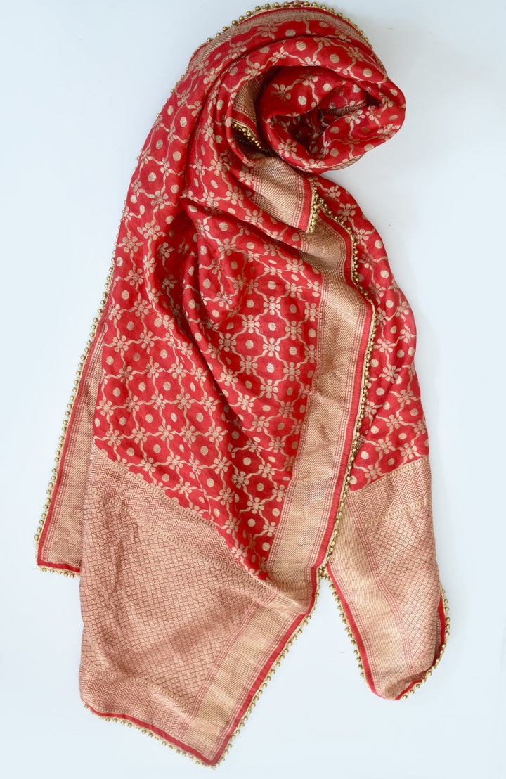 anokherang Dupattas Red Banarsi Embroidered Georgette Stole
