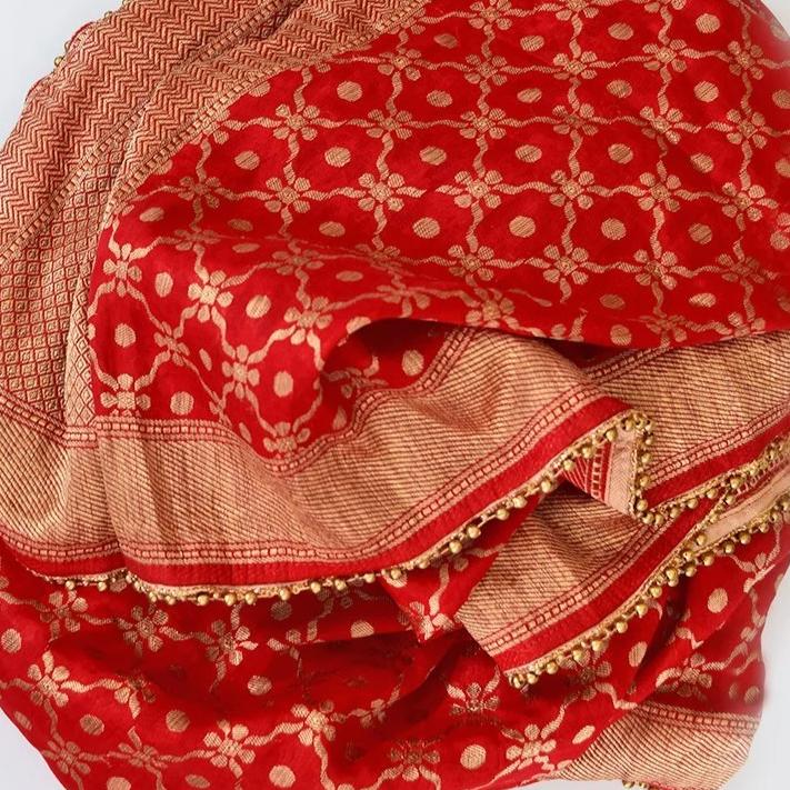 anokherang Dupattas Red Banarsi Embroidered Georgette Stole