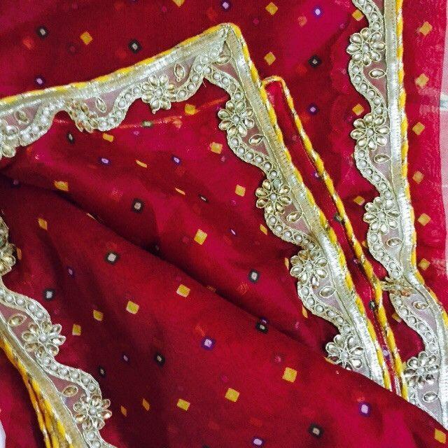 anokherang Dupattas Red Bandhini Cotton Silk Dupatta with Gold Zari Border