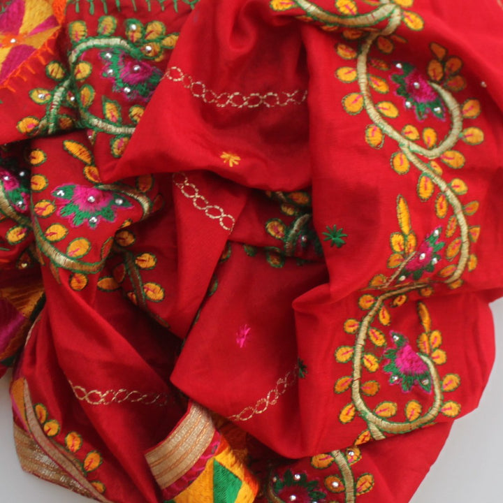 anokherang Dupattas Red Floral Phulkari Dupatta