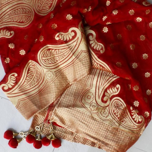 anokherang Dupattas Red Gold Paisley Georgette Stole