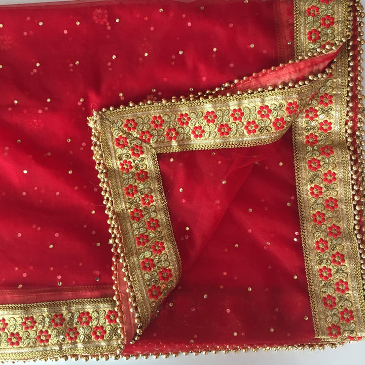 anokherang Dupattas Red Gold Stone and Thread Embroidered Net Dupatta