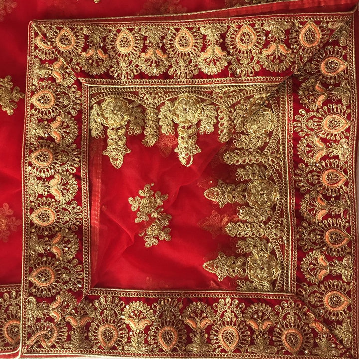 anokherang Dupattas Red Gold Thread Velvet Embroidered Net Dupatta