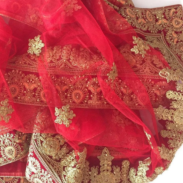 anokherang Dupattas Red Gold Thread Velvet Embroidered Net Dupatta