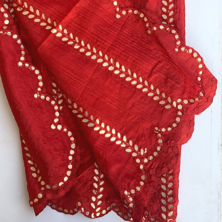 anokherang Dupattas Red Gotta Embroidered Scalloped Silk Dupatta