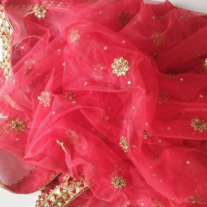 anokherang Dupattas Red Net Gold Thread Stone Embroidered Dupatta