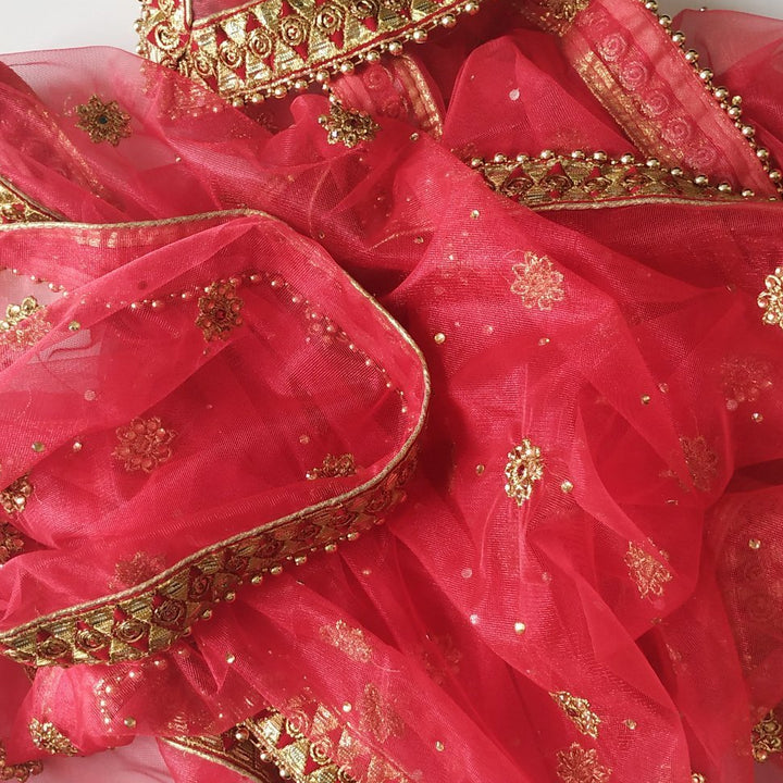 anokherang Dupattas Red Net Gold Thread Stone Embroidered Dupatta