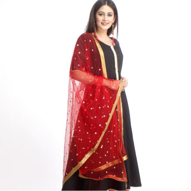 anokherang Dupattas Red Net Sequenced Dupatta with Light Gotta Work