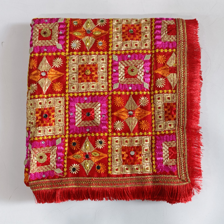 anokherang Dupattas Red Orange Gold Sequence Stone Phulkari Dupatta