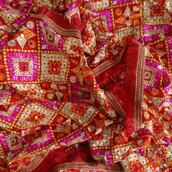 anokherang Dupattas Red Orange Gold Sequence Stone Phulkari Dupatta