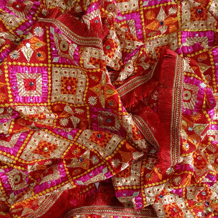 anokherang Dupattas Red Orange Gold Sequence Stone Phulkari Dupatta