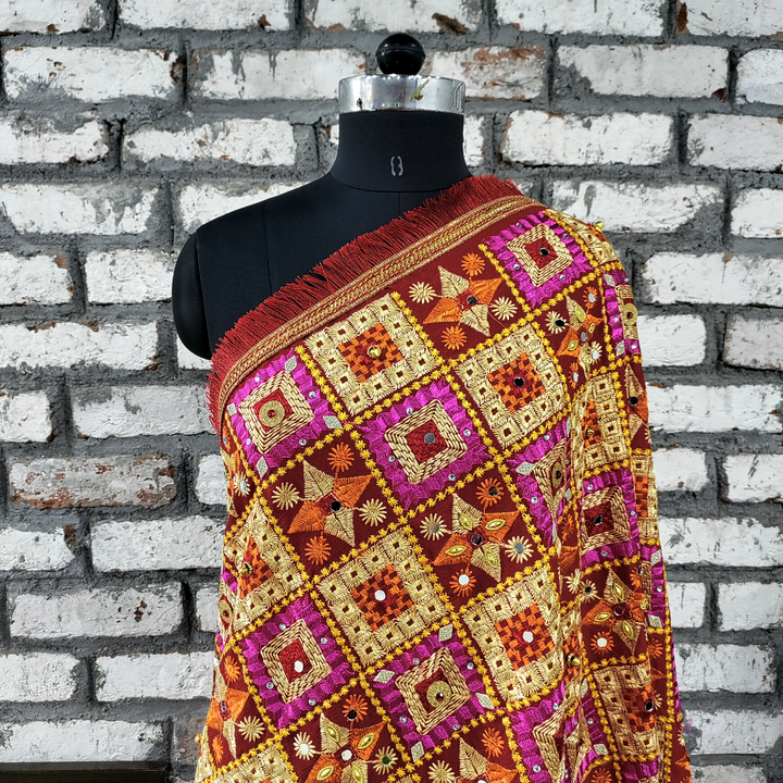 anokherang Dupattas Red Orange Gold Sequence Stone Phulkari Dupatta
