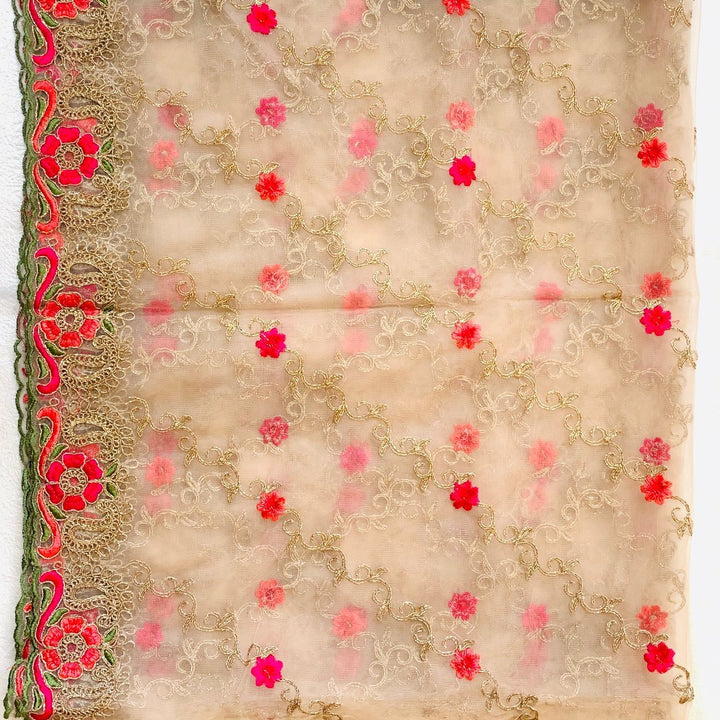anokherang Dupattas Rose Pink Colorful Floral Embroided Net Dupatta