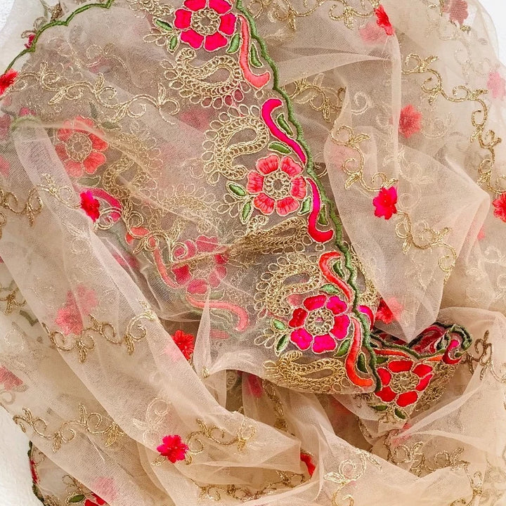 anokherang Dupattas Rose Pink Colorful Floral Embroided Net Dupatta