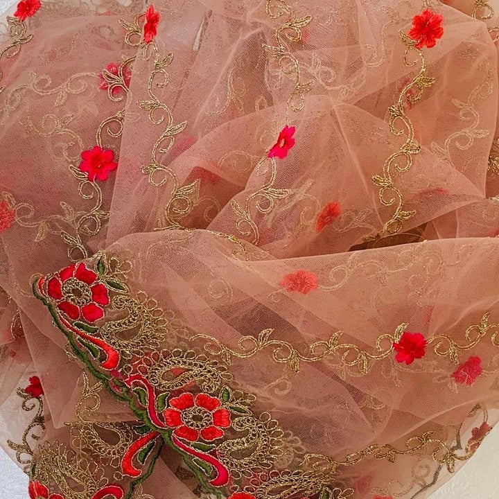 anokherang Dupattas Rose Pink Colorful Floral Embroided Net Dupatta