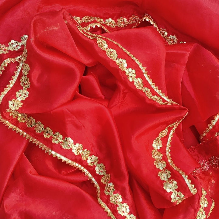 anokherang Dupattas Rose Red Gotta Embroidered Silk Dupatta