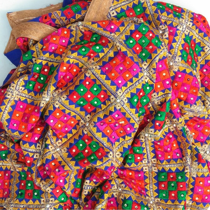 anokherang Dupattas Royal Blue Multi Colored Phulkari Dupatta