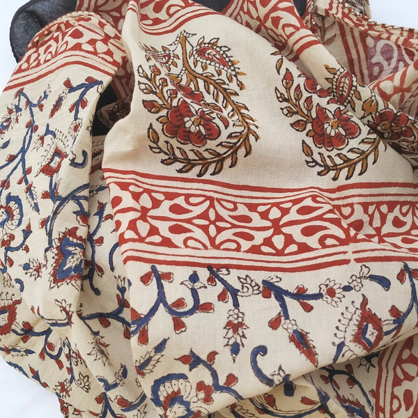 anokherang Dupattas Rust Blue Floral Paisley Kalamkari HandCrafted Stole