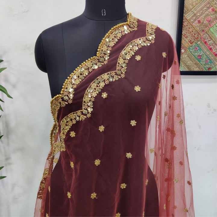 anokherang Dupattas Rust Sequence Trail Net Dupatta