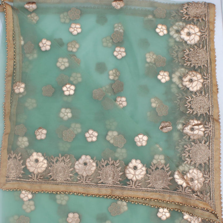 anokherang Dupattas Sea Green Floral Embroidered Net DUpatta