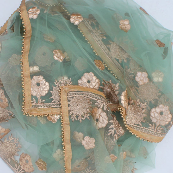 anokherang Dupattas Sea Green Floral Embroidered Net DUpatta