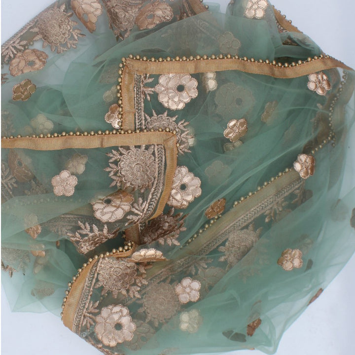 anokherang Dupattas Sea Green Floral Embroidered Net DUpatta