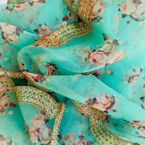 Sea Green Floral Printed Embroidered Organza Dupatta