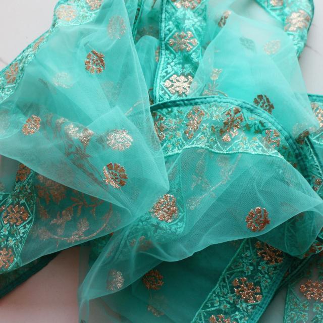 anokherang Dupattas Sea Green Gold Embroidered Net Dupatta