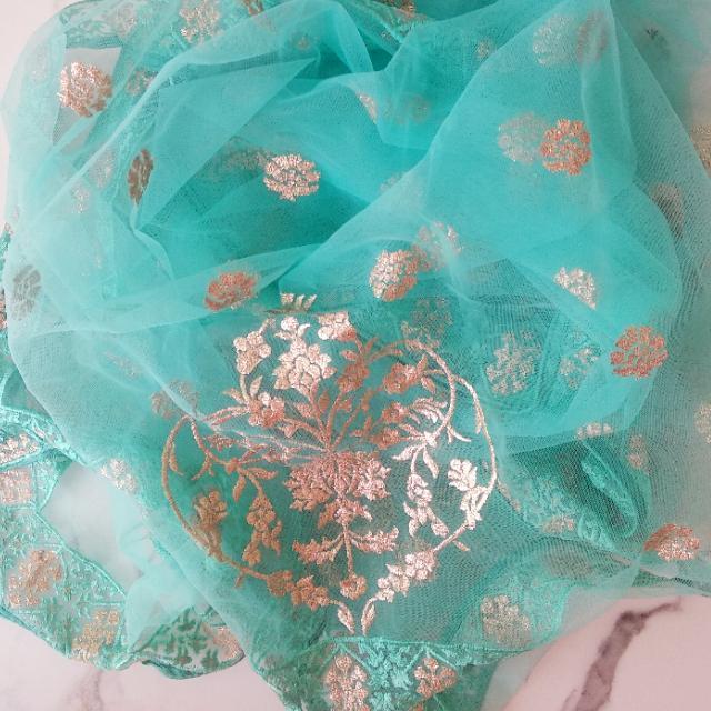 anokherang Dupattas Sea Green Gold Embroidered Net Dupatta