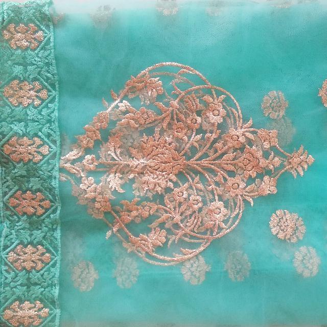 anokherang Dupattas Sea Green Gold Embroidered Net Dupatta