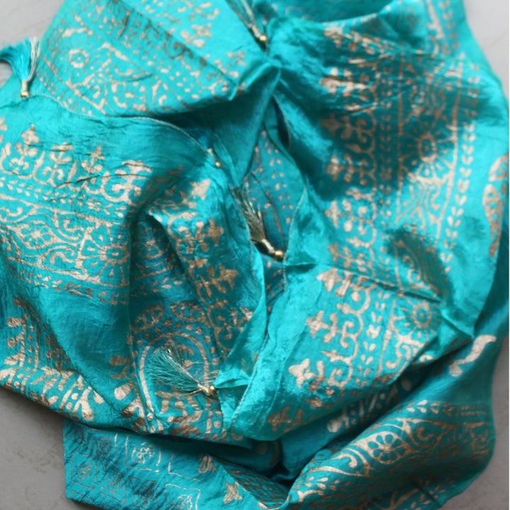 anokherang Dupattas Sea Green Gold foil paisley Dupatta